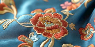 蓝色锦缎上的精美花卉刺绣