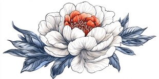 白色牡丹插画配深蓝叶片