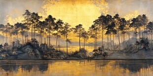 金色湖畔松林美景