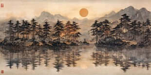 落日山林映湖景