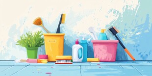 多彩清洁工具与绿植场景