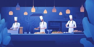 厨房中的三位厨师忙碌身影