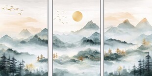 三联水墨山水诗意风光图