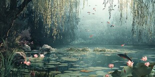 湖畔柳影下的自然景致