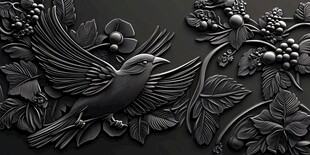 黑浮雕飞鸟与花叶图案
