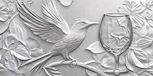 花鸟浮雕旁的精致玻璃杯