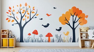 童趣秋日森林风儿童房墙绘