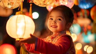 小女孩赏灯笑容灿烂