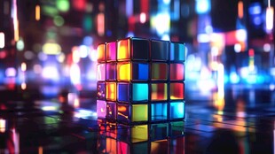 炫彩魔方于霓虹背景中闪耀