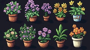 多彩盆栽花卉插画展示