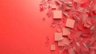 红色背景的礼物与叶片装饰