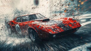 红色赛车在水花中飞驰