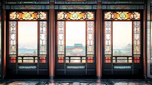 中式古窗望出的壮丽景致