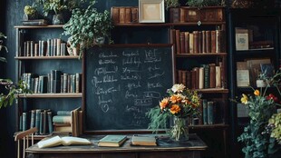 复古书房中的黑板与花卉