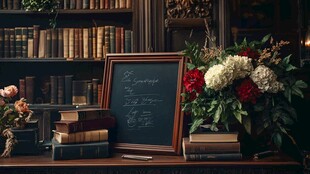 复古书房中的黑板与花卉