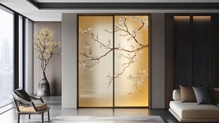 中式金箔花鸟移门客厅设计