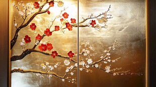 金色背景下的双枝梅花图