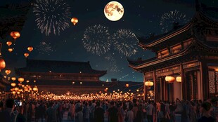 月夜古景下的烟火欢庆场景