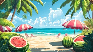 夏日海滩西瓜度假美景