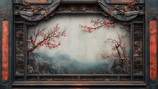 中式窗景 红梅远山入画