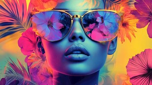 时尚墨镜女孩与绚丽花卉