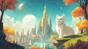 白猫眺望奇幻秋日城堡景观