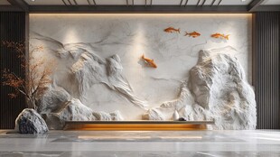 中式山水锦鲤艺术背景墙