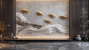 中式客厅墙面金色鱼形装饰