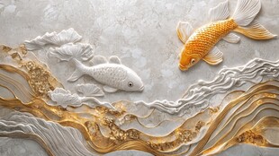 双鲤戏浪浮雕艺术作品