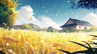 秋日麦田中的古朴村落
