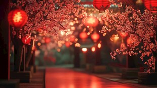 樱花道上的中式灯笼夜景