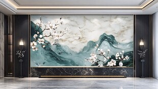 中式山水玉兰花背景墙