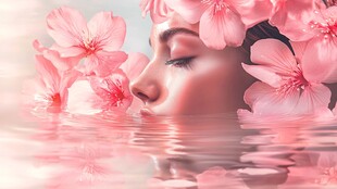 水中粉花环绕的梦幻女子