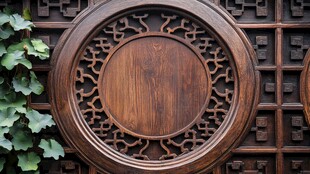 中式雕花圆木窗古朴典雅