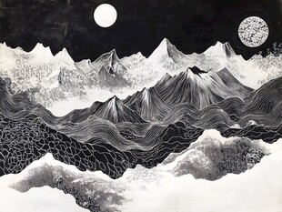 黑白山水月夜奇幻图景