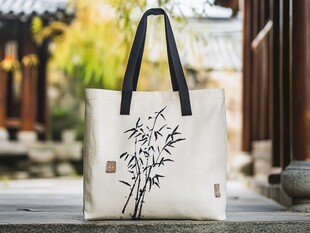 中式手绘竹纹帆布手提包