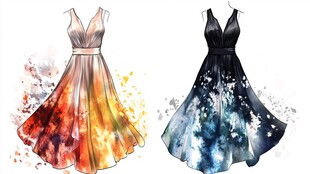 水彩风格两款飘逸长裙设计