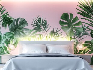 粉色背景的绿植风卧室场景