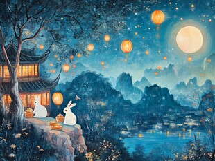 月夜玉兔赏景古风图