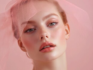 粉色纱下的迷人美妆面孔