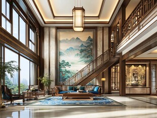 中式奢华客厅与山水壁画