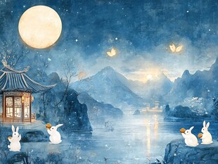 月夜湖畔萌兔赏景图