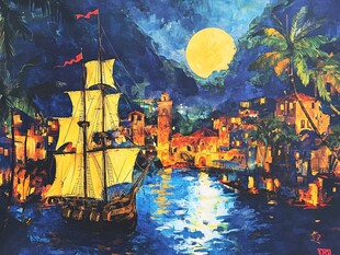 月夜海港帆船梦幻景象
