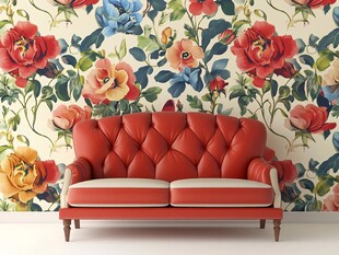 复古花卉墙前的红色沙发