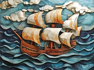 纸艺帆船在波涛云海中航行