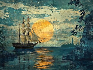 海上落日下的古老帆船