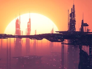 夕阳下的未来科幻城市景观