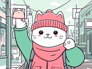 戴帽小猫街头扫码出行