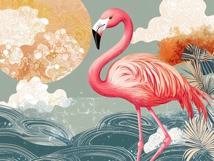 火烈鸟于梦幻海滨景致中