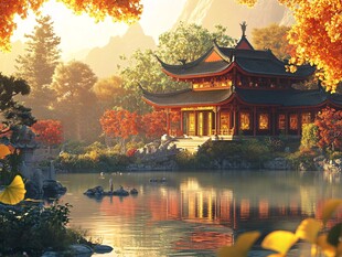 秋日湖畔中式古建美景